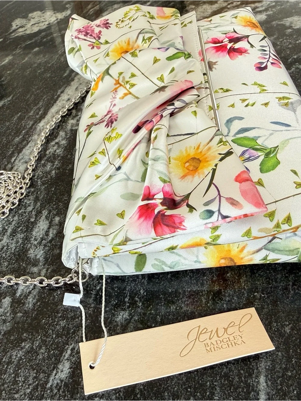 Jewel Badgley Mischa Floral Satin Bow Purse with White Background, NWT